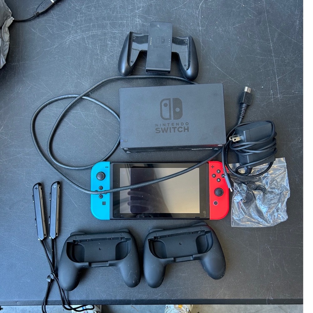 Nintendo Switch HAC-001 Neon Blue Red Joy-Con Console Bundle with Dock & Grips